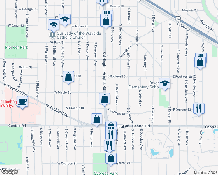 map of restaurants, bars, coffee shops, grocery stores, and more near 727 South Arlington Heights Road in Arlington Heights
