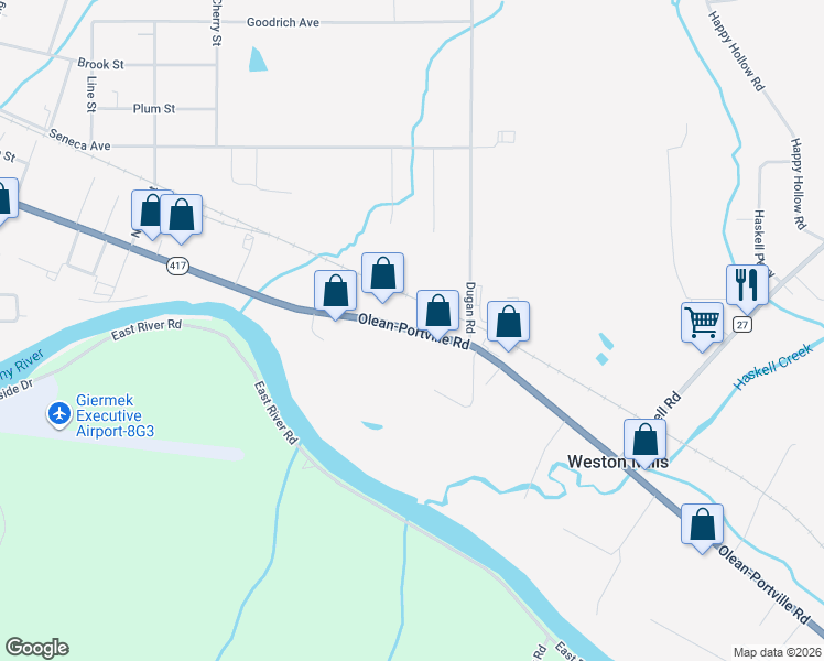 map of restaurants, bars, coffee shops, grocery stores, and more near 1615 East State Street in Olean