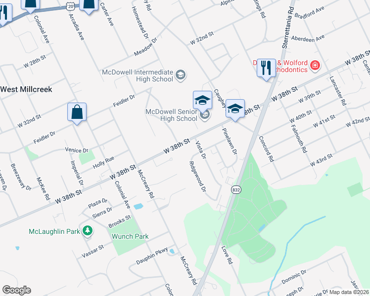 map of restaurants, bars, coffee shops, grocery stores, and more near 3725 West 38th Street in Erie