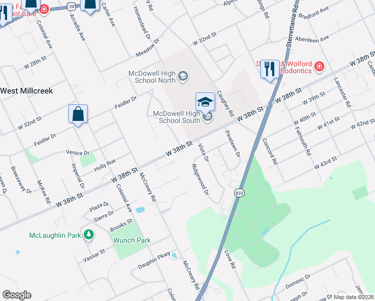 map of restaurants, bars, coffee shops, grocery stores, and more near 3725 W 38th St in Erie