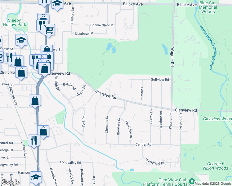 map of restaurants, bars, coffee shops, grocery stores, and more near 1208 Glenview Road in Glenview