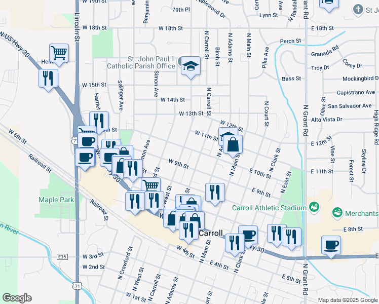 map of restaurants, bars, coffee shops, grocery stores, and more near 319 West 10th Street in Carroll