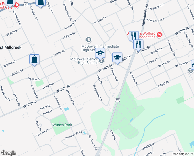 map of restaurants, bars, coffee shops, grocery stores, and more near 3820 Vista Drive in Erie