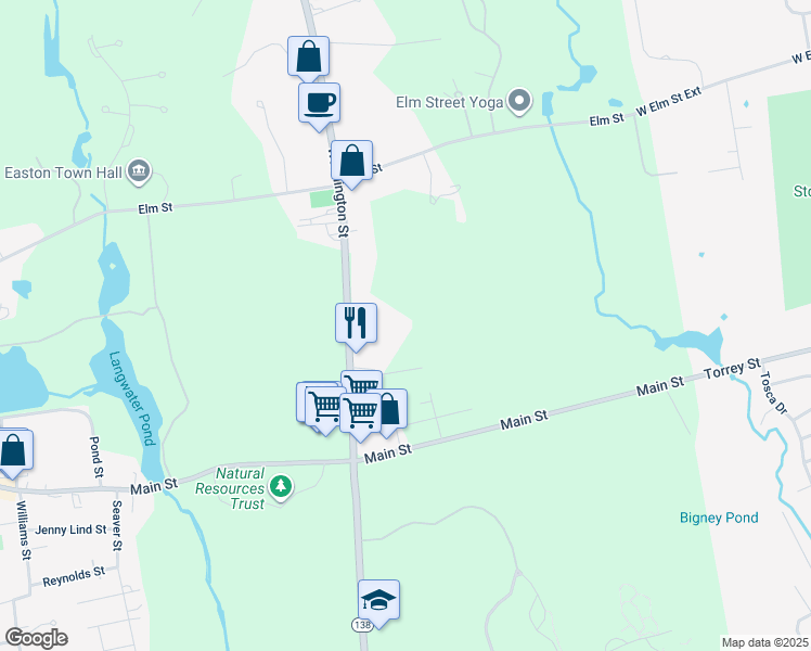 map of restaurants, bars, coffee shops, grocery stores, and more near 244 Washington Street in Easton