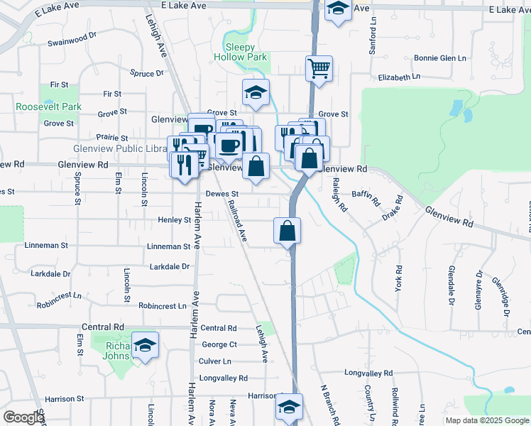 map of restaurants, bars, coffee shops, grocery stores, and more near 1734 Henley Street in Glenview