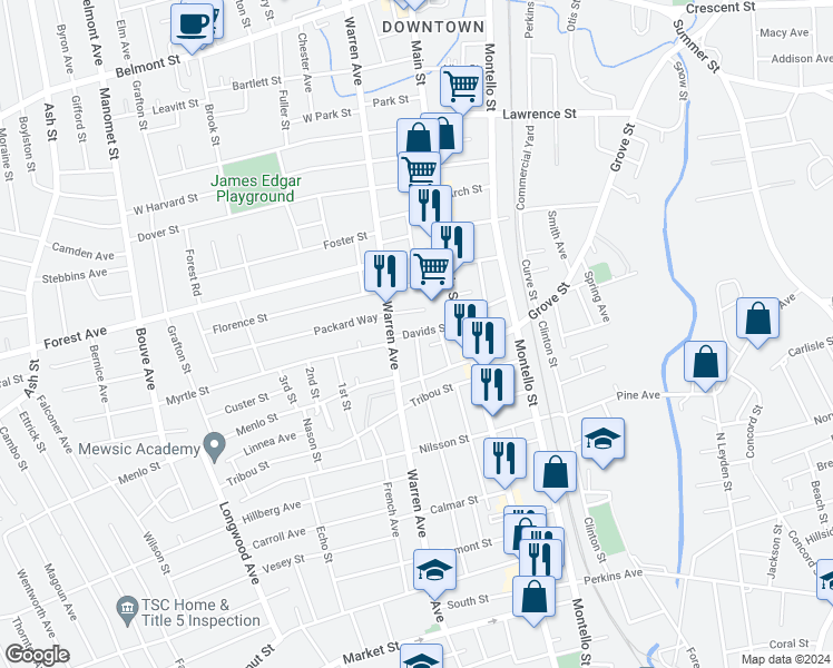 map of restaurants, bars, coffee shops, grocery stores, and more near 36 Davids Street in Brockton