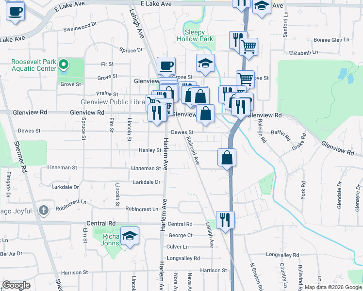 map of restaurants, bars, coffee shops, grocery stores, and more near 1804 Henley Street in Glenview