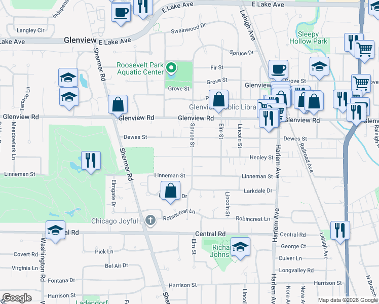 map of restaurants, bars, coffee shops, grocery stores, and more near 2200 Henley Street in Glenview