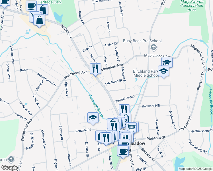 map of restaurants, bars, coffee shops, grocery stores, and more near 151 North Main Street in East Longmeadow
