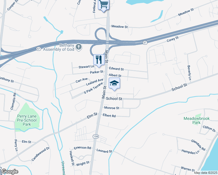 map of restaurants, bars, coffee shops, grocery stores, and more near 663 Main Street in Agawam
