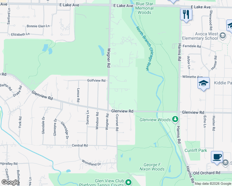 map of restaurants, bars, coffee shops, grocery stores, and more near 829 Greenacres Lane in Glenview