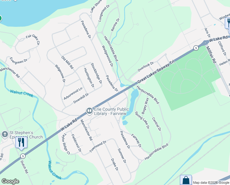 map of restaurants, bars, coffee shops, grocery stores, and more near 6205 West Lake Road in Erie