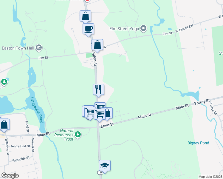 map of restaurants, bars, coffee shops, grocery stores, and more near 244 Washington Street in Easton