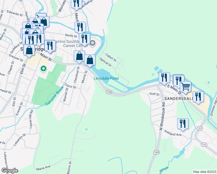 map of restaurants, bars, coffee shops, grocery stores, and more near 219 East Main Street in Southbridge