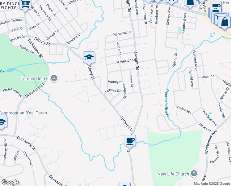 map of restaurants, bars, coffee shops, grocery stores, and more near 22 Franconia Street in Springfield