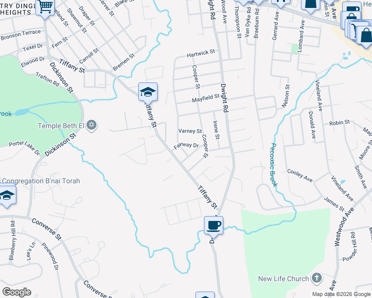 map of restaurants, bars, coffee shops, grocery stores, and more near 22 Franconia Street in Springfield