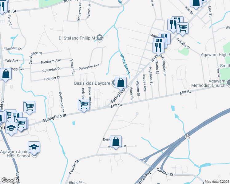 map of restaurants, bars, coffee shops, grocery stores, and more near 1016 Springfield Street in Agawam