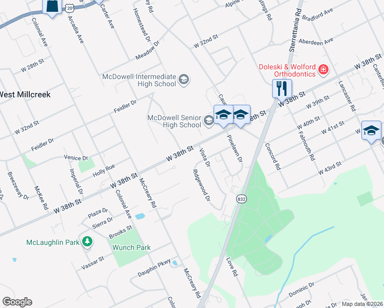 map of restaurants, bars, coffee shops, grocery stores, and more near 3725 W 38th St in Erie