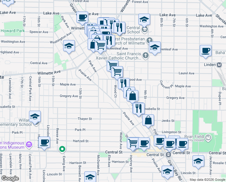 map of restaurants, bars, coffee shops, grocery stores, and more near 200 Catalpa Place in Wilmette