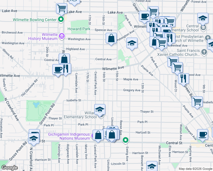 map of restaurants, bars, coffee shops, grocery stores, and more near 1516 Gregory Avenue in Wilmette