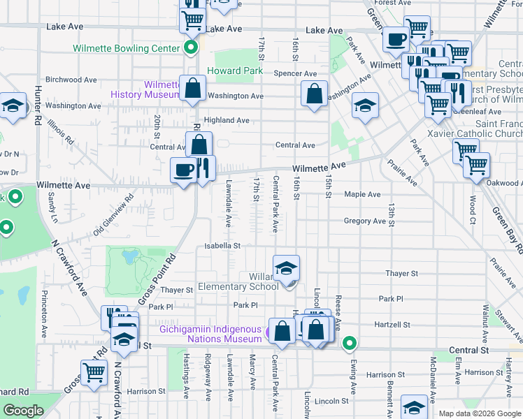 map of restaurants, bars, coffee shops, grocery stores, and more near 200 17th Street in Wilmette