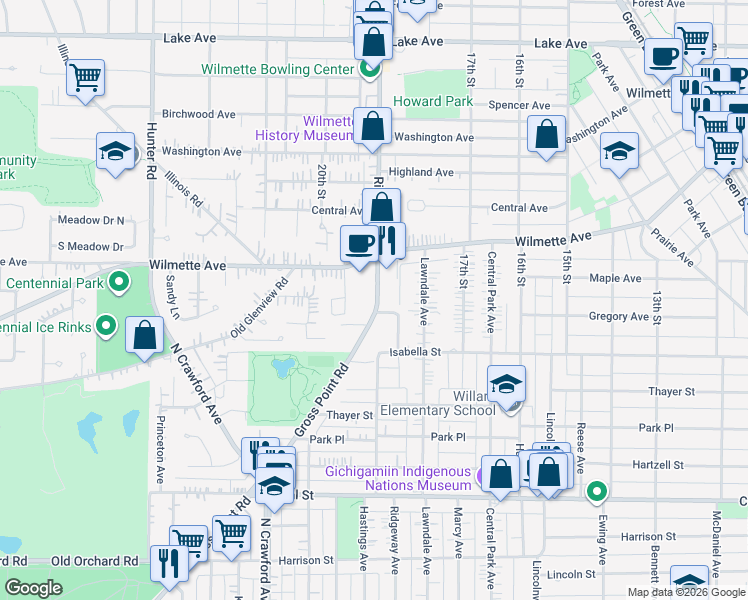 map of restaurants, bars, coffee shops, grocery stores, and more near 305 Ridge Road in Wilmette