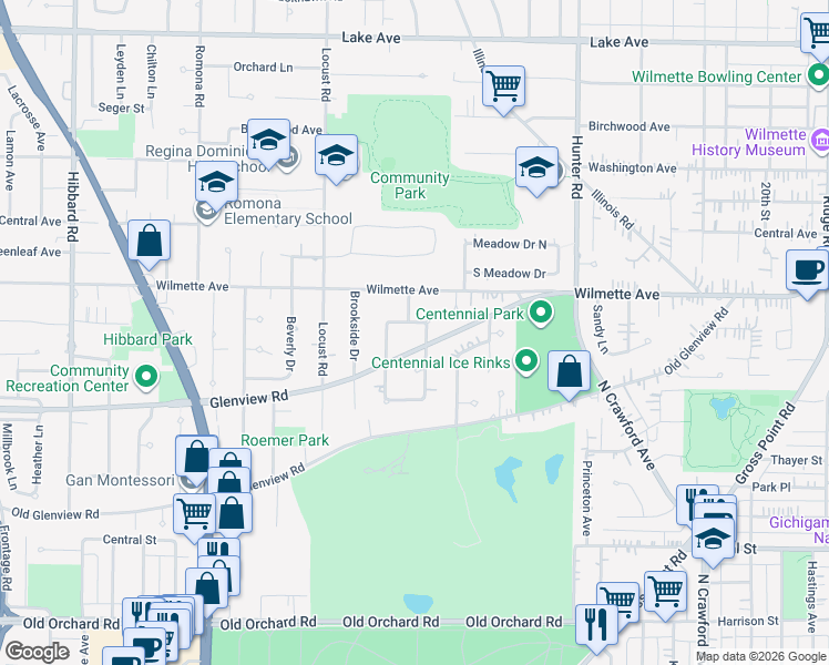 map of restaurants, bars, coffee shops, grocery stores, and more near 354 East Wilshire Drive in Wilmette