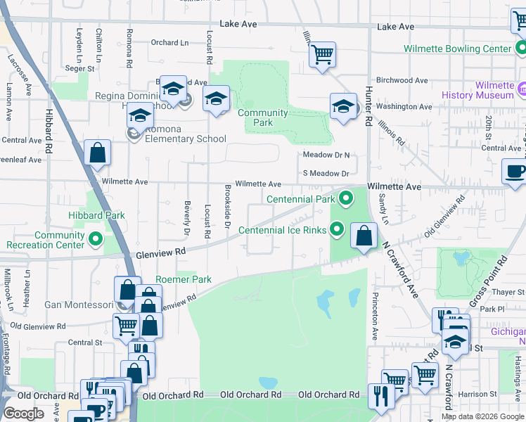map of restaurants, bars, coffee shops, grocery stores, and more near 406 Wilshire Drive West in Wilmette