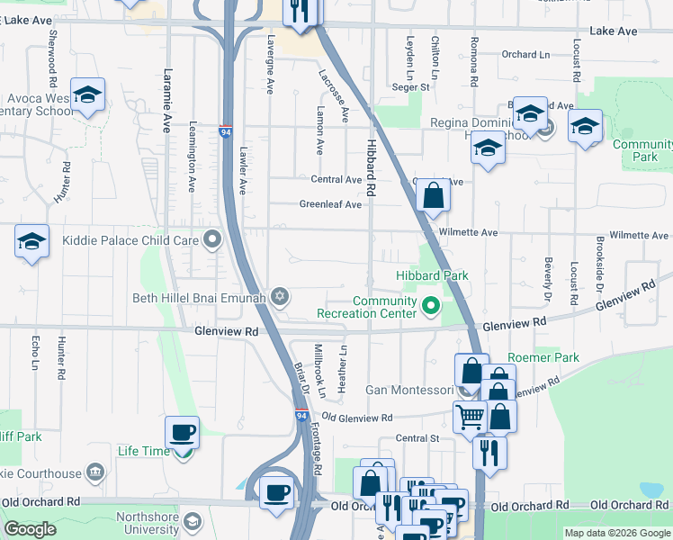 map of restaurants, bars, coffee shops, grocery stores, and more near 3120 Temple Lane in Wilmette
