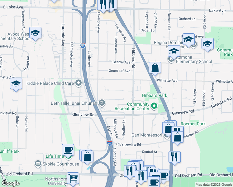 map of restaurants, bars, coffee shops, grocery stores, and more near 3200 Temple Lane in Wilmette