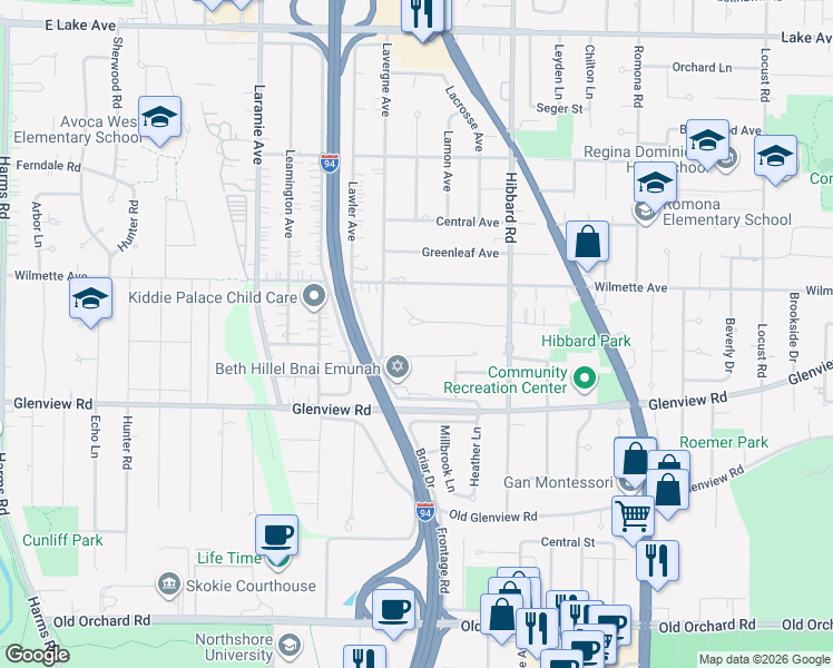 map of restaurants, bars, coffee shops, grocery stores, and more near 3230 Temple Lane in Wilmette