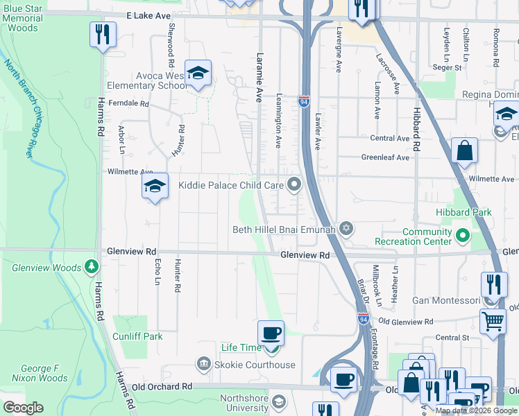 map of restaurants, bars, coffee shops, grocery stores, and more near 10 Glenview Road in Glenview
