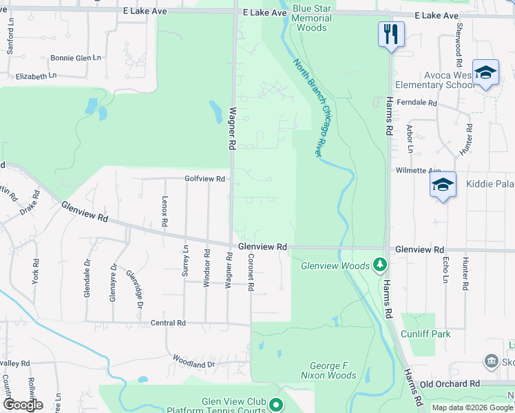 map of restaurants, bars, coffee shops, grocery stores, and more near 829 Greenacres Lane in Glenview
