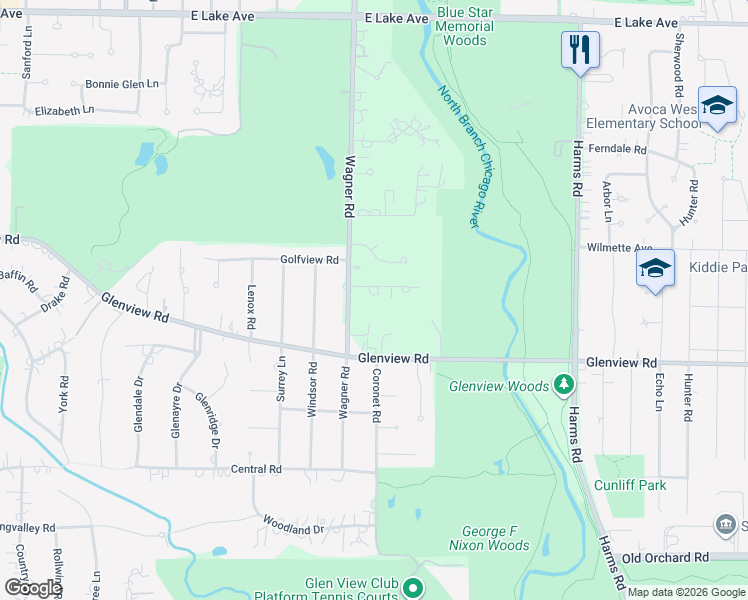 map of restaurants, bars, coffee shops, grocery stores, and more near 829 Greenacres Lane in Glenview