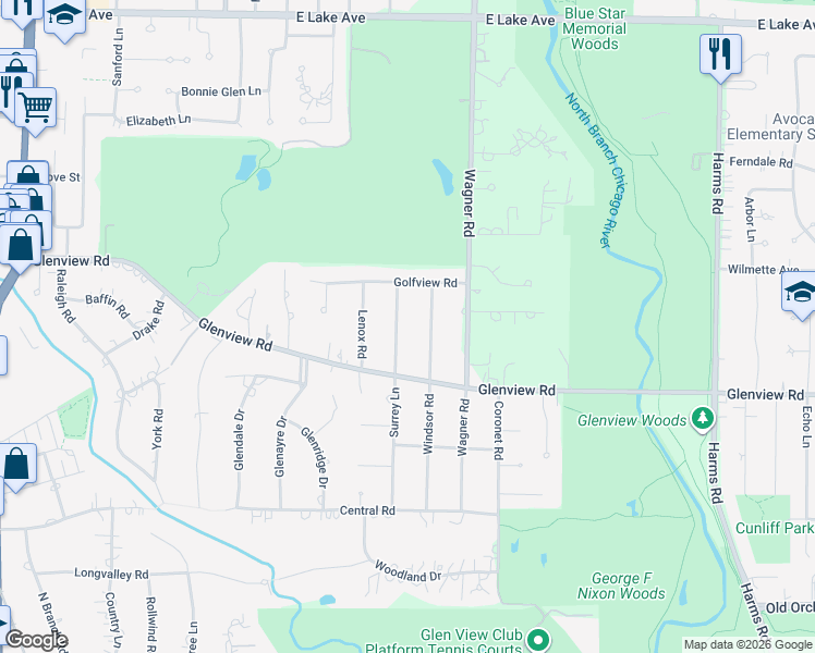 map of restaurants, bars, coffee shops, grocery stores, and more near 834 Windsor Road in Glenview