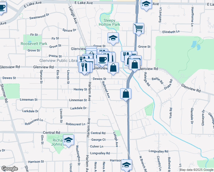 map of restaurants, bars, coffee shops, grocery stores, and more near 1756 Henley Street in Glenview