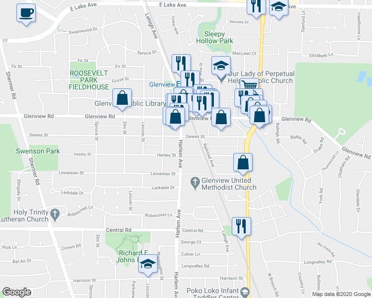 map of restaurants, bars, coffee shops, grocery stores, and more near in Glenview