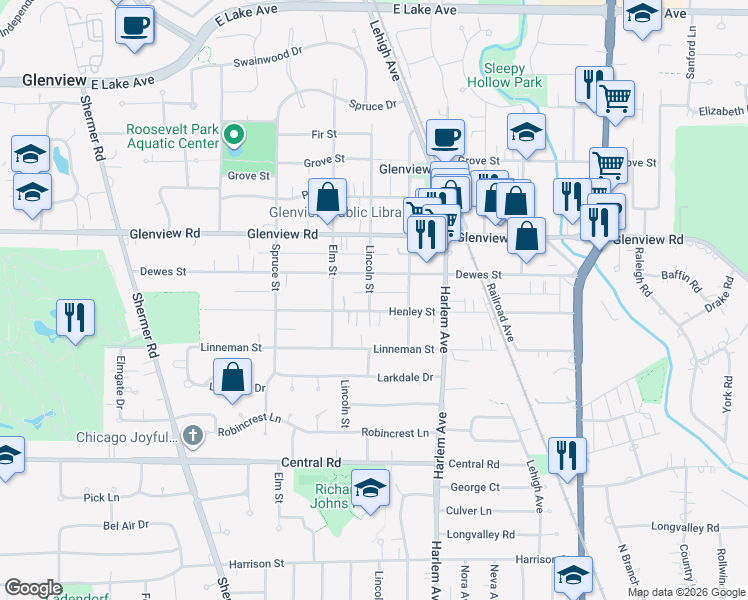 map of restaurants, bars, coffee shops, grocery stores, and more near 1958 Henley Street in Glenview