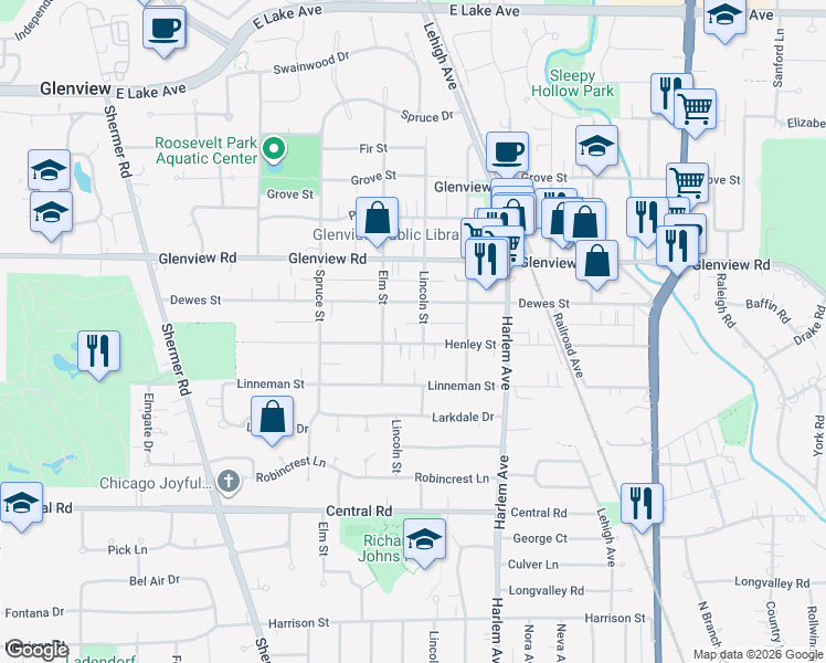 map of restaurants, bars, coffee shops, grocery stores, and more near 1958 Henley Street in Glenview