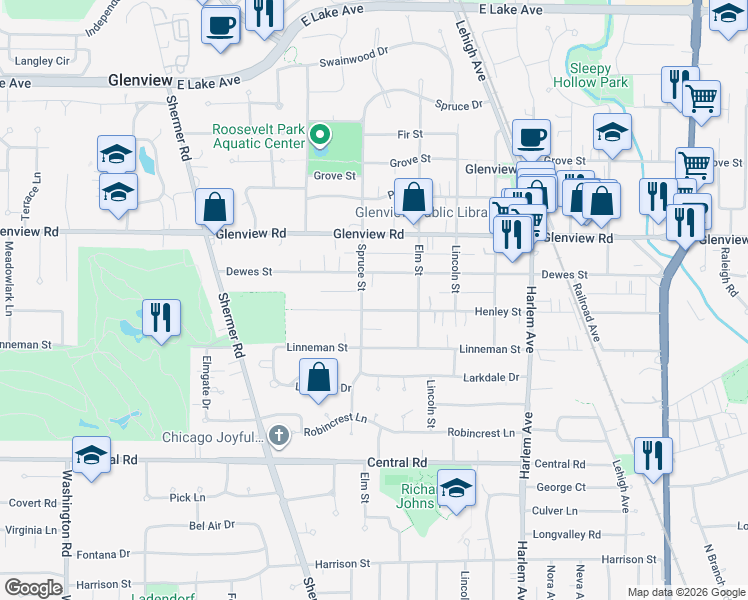 map of restaurants, bars, coffee shops, grocery stores, and more near 2200 Henley Street in Glenview