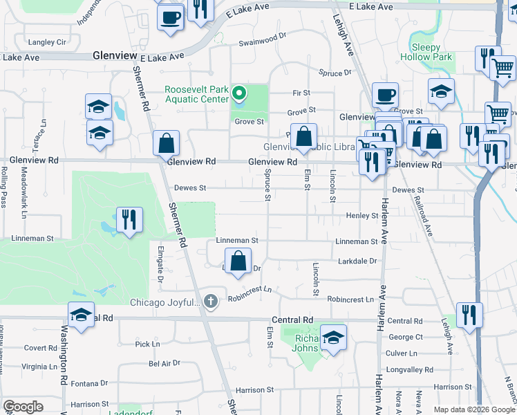 map of restaurants, bars, coffee shops, grocery stores, and more near 2200 Henley Street in Glenview