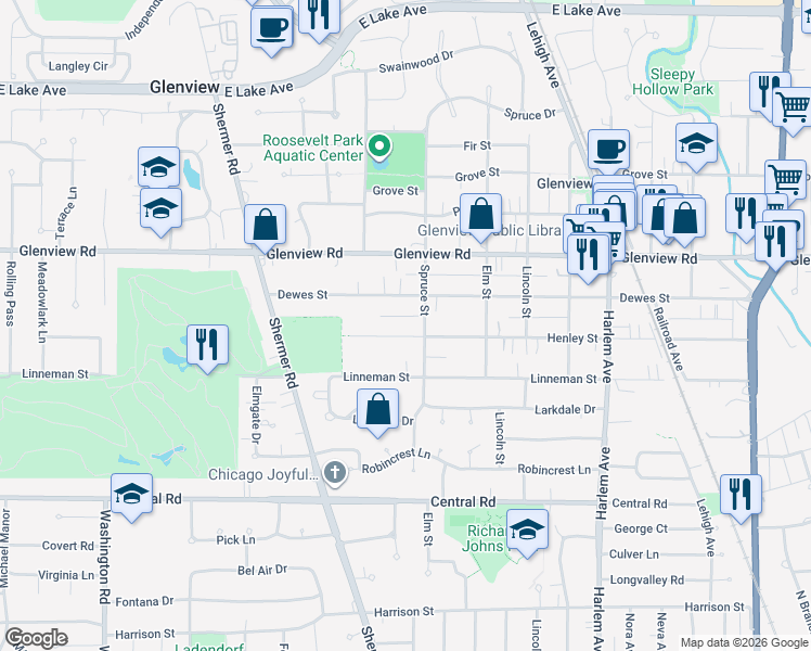 map of restaurants, bars, coffee shops, grocery stores, and more near 2200 Henley Street in Glenview