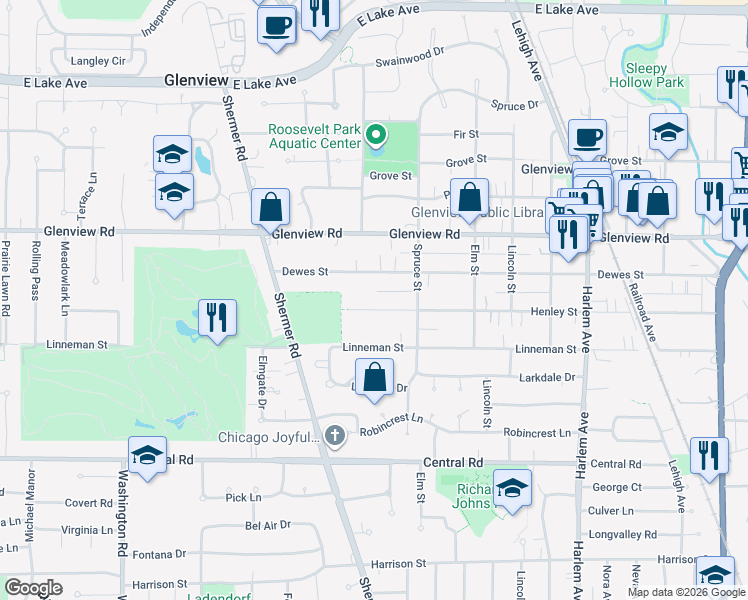 map of restaurants, bars, coffee shops, grocery stores, and more near 2235 Henley Street in Glenview