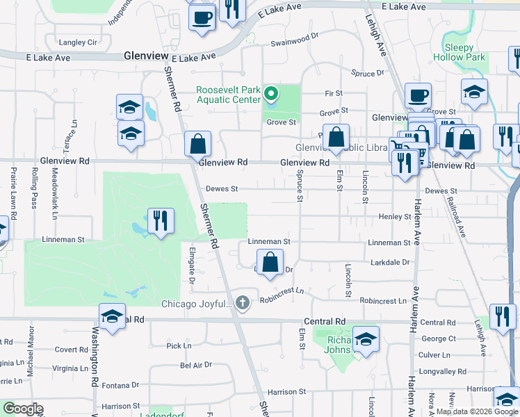map of restaurants, bars, coffee shops, grocery stores, and more near 2307 Henley Street in Glenview