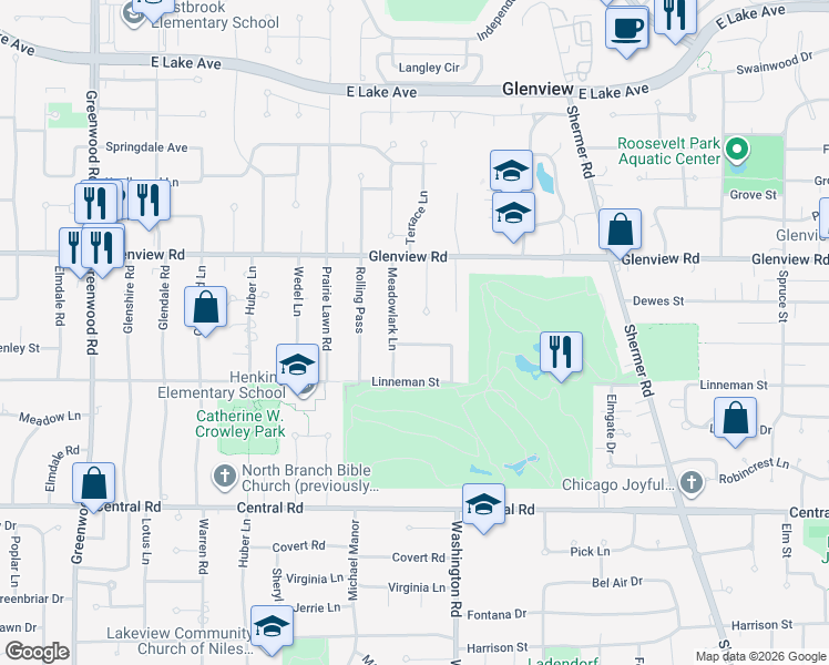 map of restaurants, bars, coffee shops, grocery stores, and more near 2732 Brassie Drive in Glenview