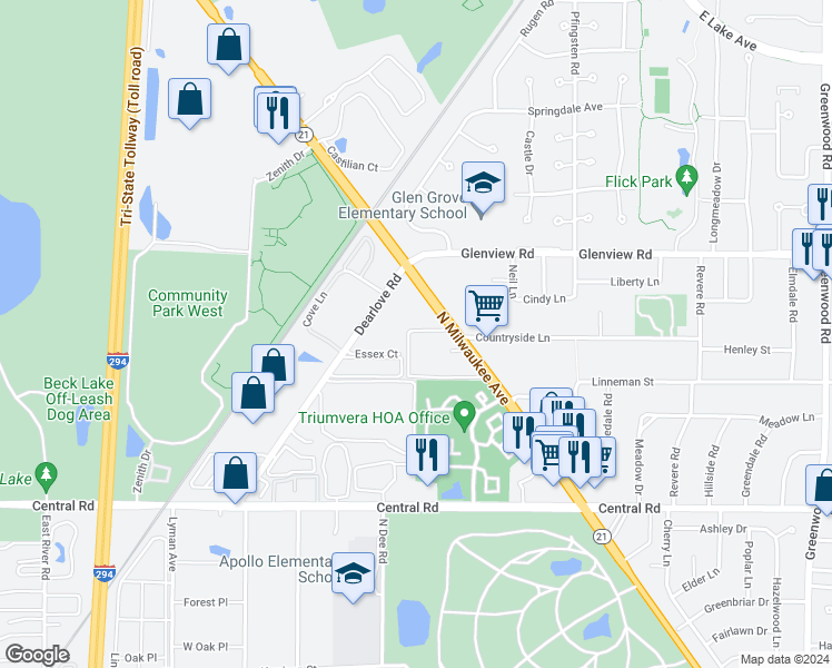 map of restaurants, bars, coffee shops, grocery stores, and more near 10410 Michael Todd Terrace in Glenview