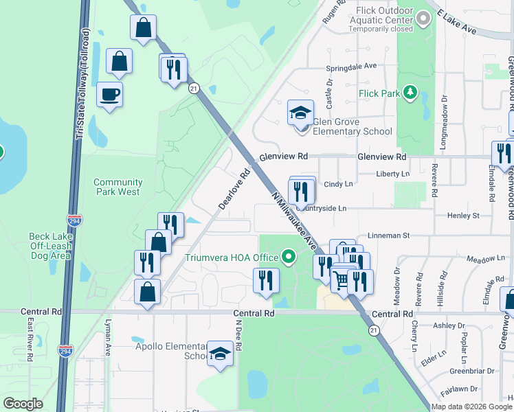 map of restaurants, bars, coffee shops, grocery stores, and more near 10410 Michael Todd Terrace in Glenview