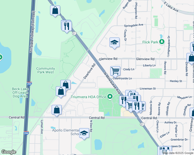 map of restaurants, bars, coffee shops, grocery stores, and more near 10410 Michael Todd Terrace in Glenview
