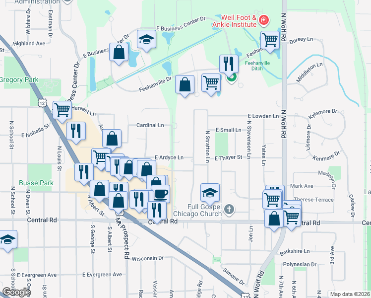 map of restaurants, bars, coffee shops, grocery stores, and more near 1306 East Ardyce Lane in Mount Prospect