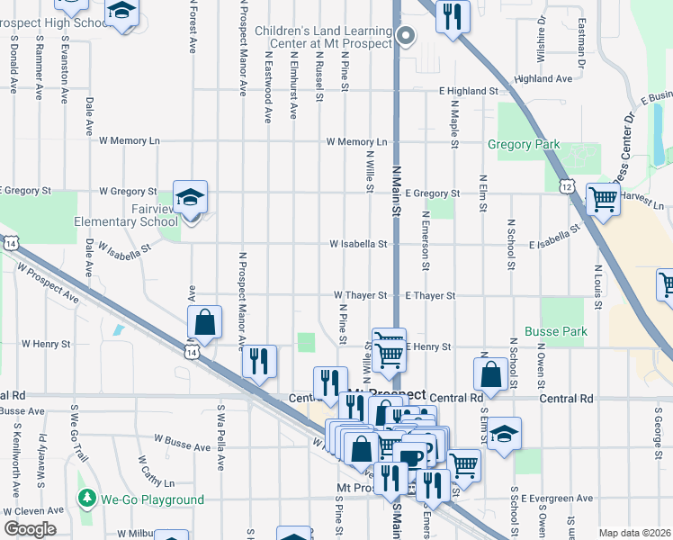 map of restaurants, bars, coffee shops, grocery stores, and more near 207 North Pine Street in Mount Prospect
